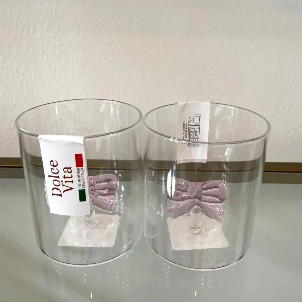 Dolce Vita Clear Glass Tumbler with Pink Bow Inside Set of 2 NEW